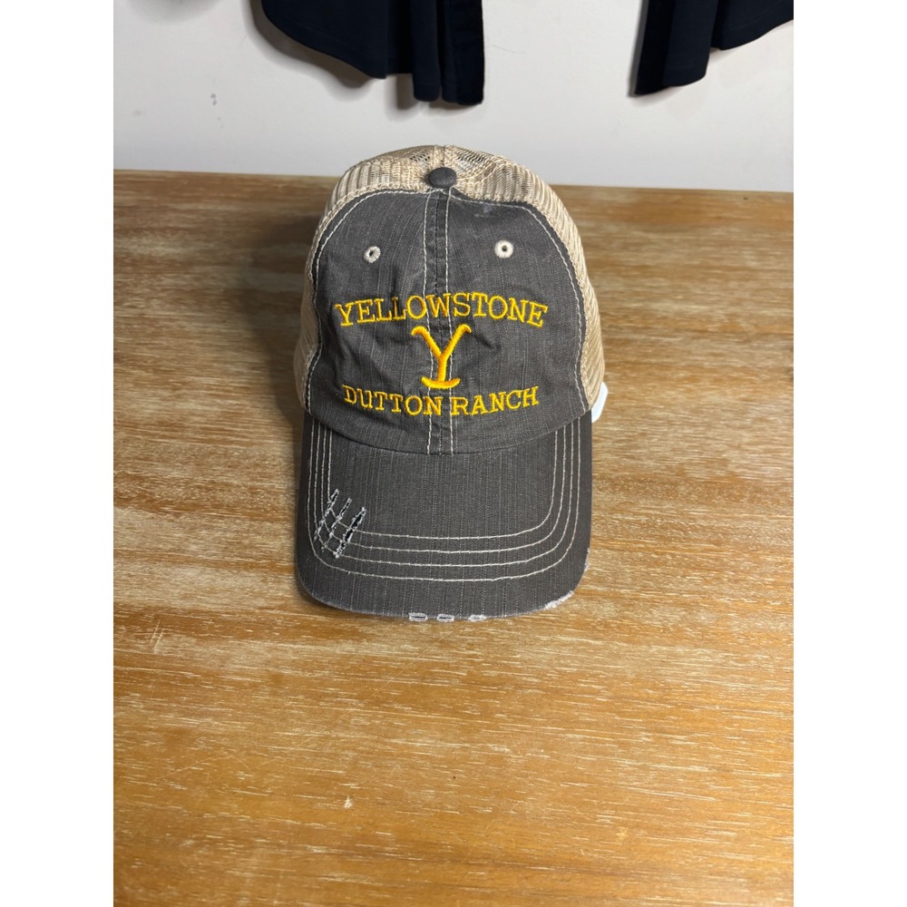 Yellowstone Dutton Ranch Trucker Hat Mens Grey Tan Mesh Snapback Distressed Cap